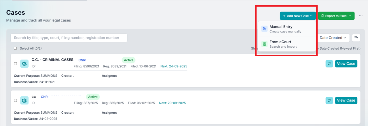 Add New Case dropdown