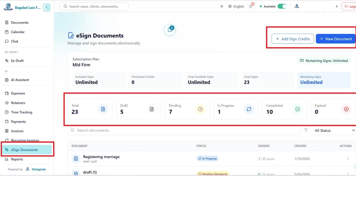 Left menu with eSign Documents selected and the eSign dashboard showing subscription and document stats
