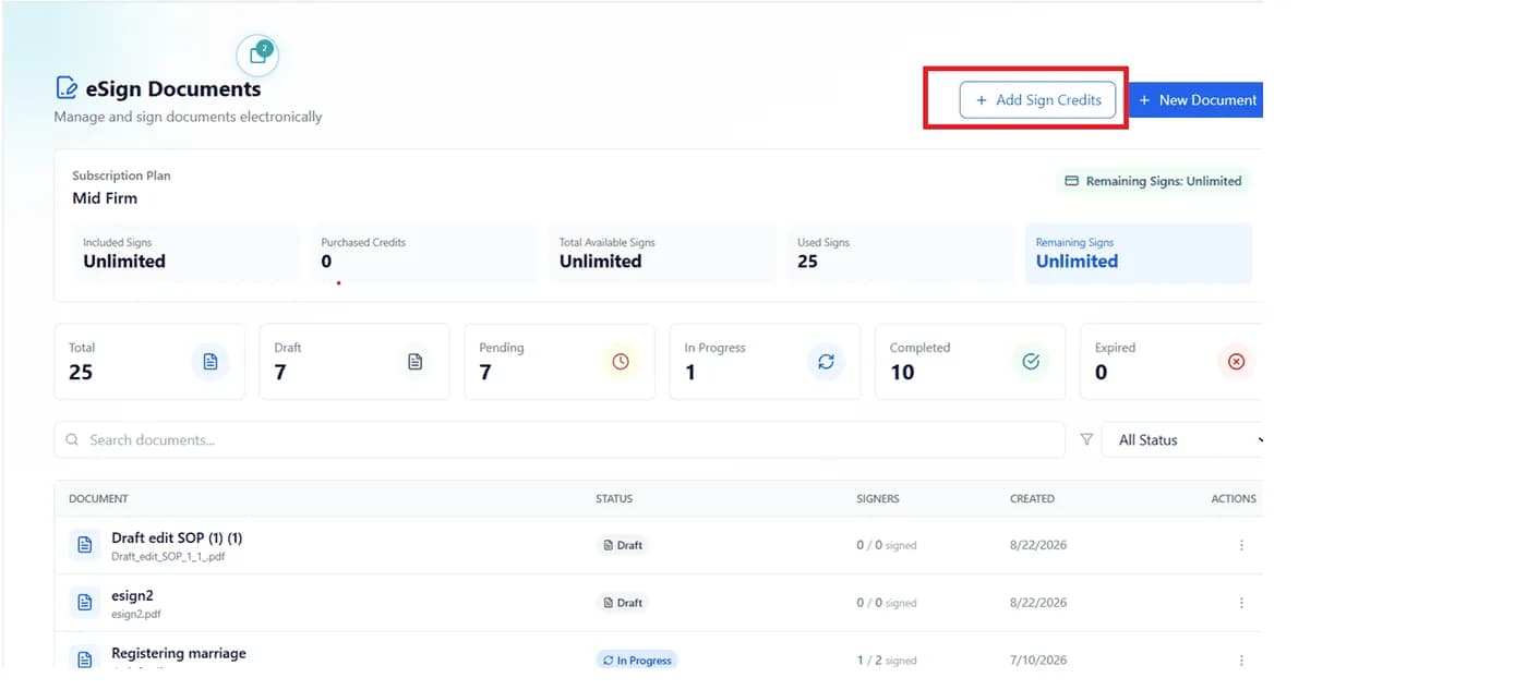 eSign Documents header with Add Sign Credits highlighted next to New Document