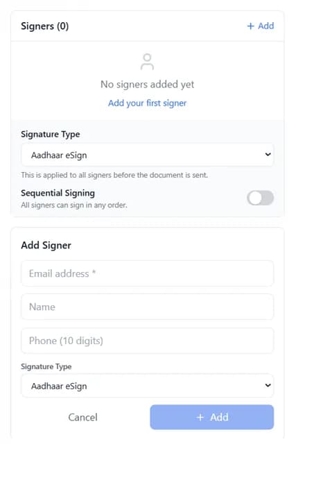 Signers panel with empty state and Add Signer form for email, name, phone, and signature type