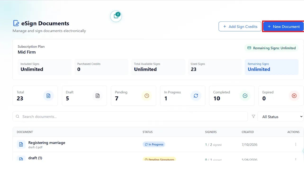 eSign Documents dashboard with the New Document button highlighted