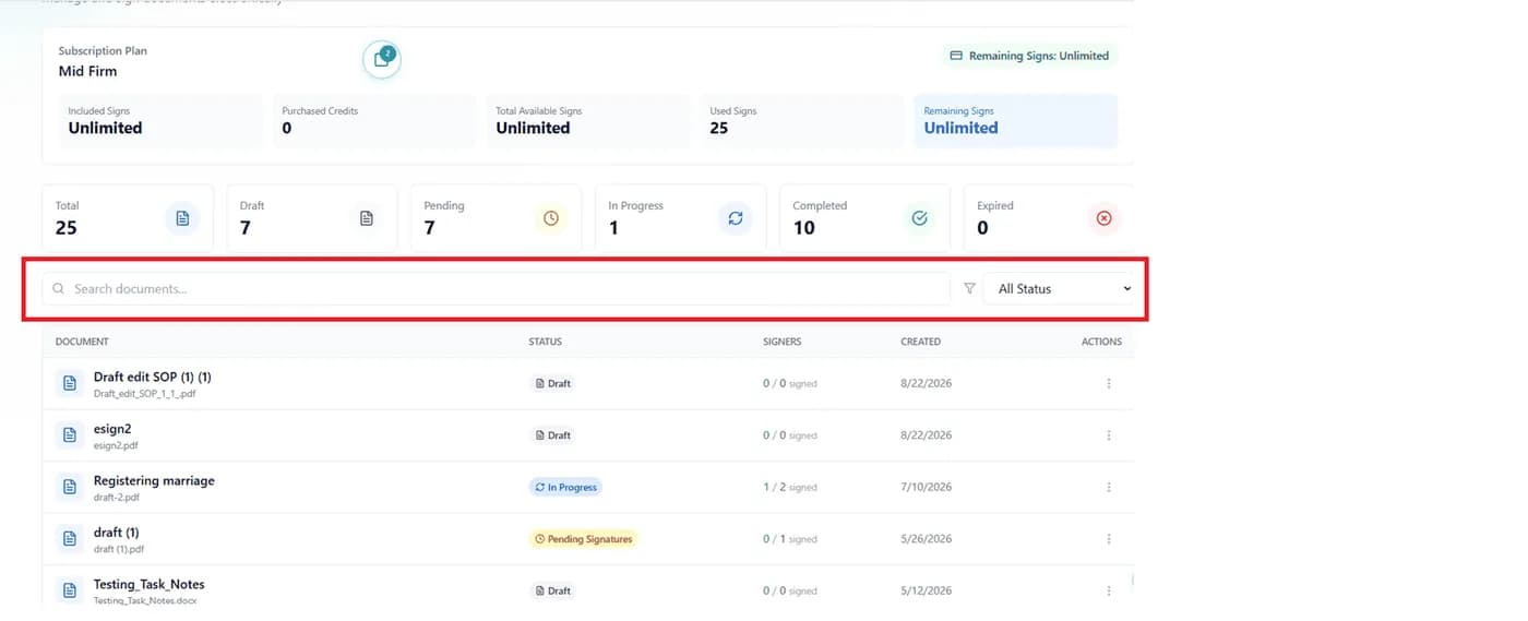Search documents bar and All Status filter above the eSign document list