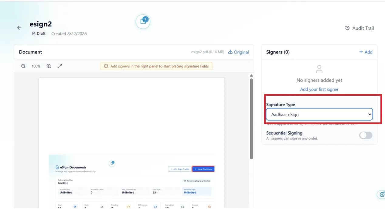 Document preparation screen with Signature Type dropdown set to Aadhaar eSign