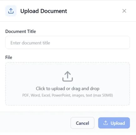 Upload Document modal with document title field and file drop zone