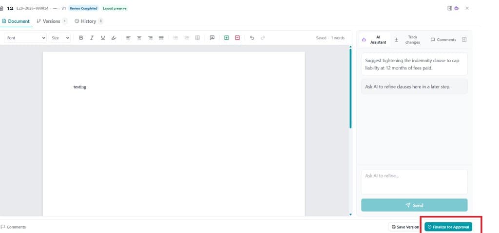 Document editor showing Review Completed status and Finalize for Approval button
