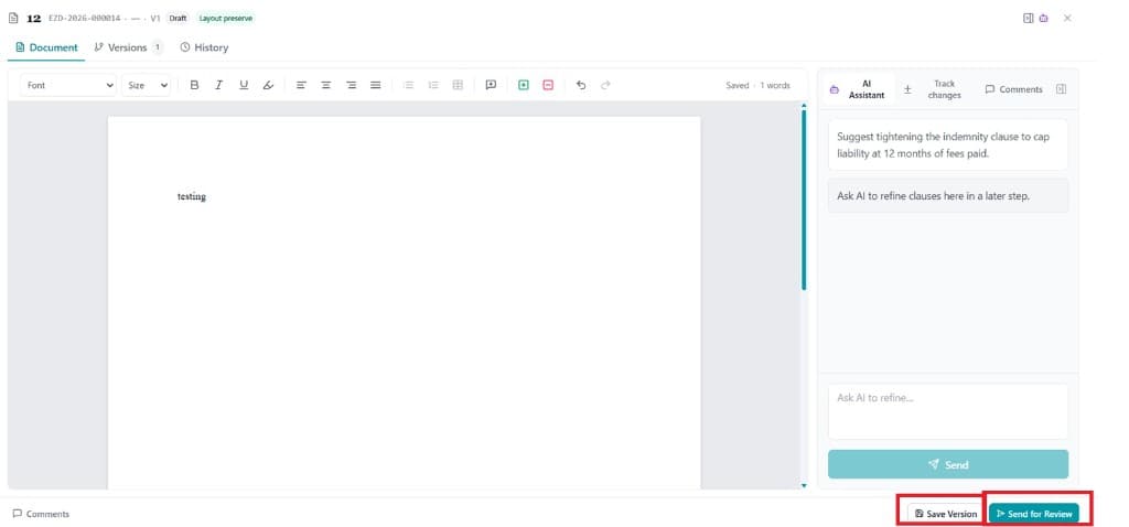 Document editor with Save Version and Send for Review buttons highlighted