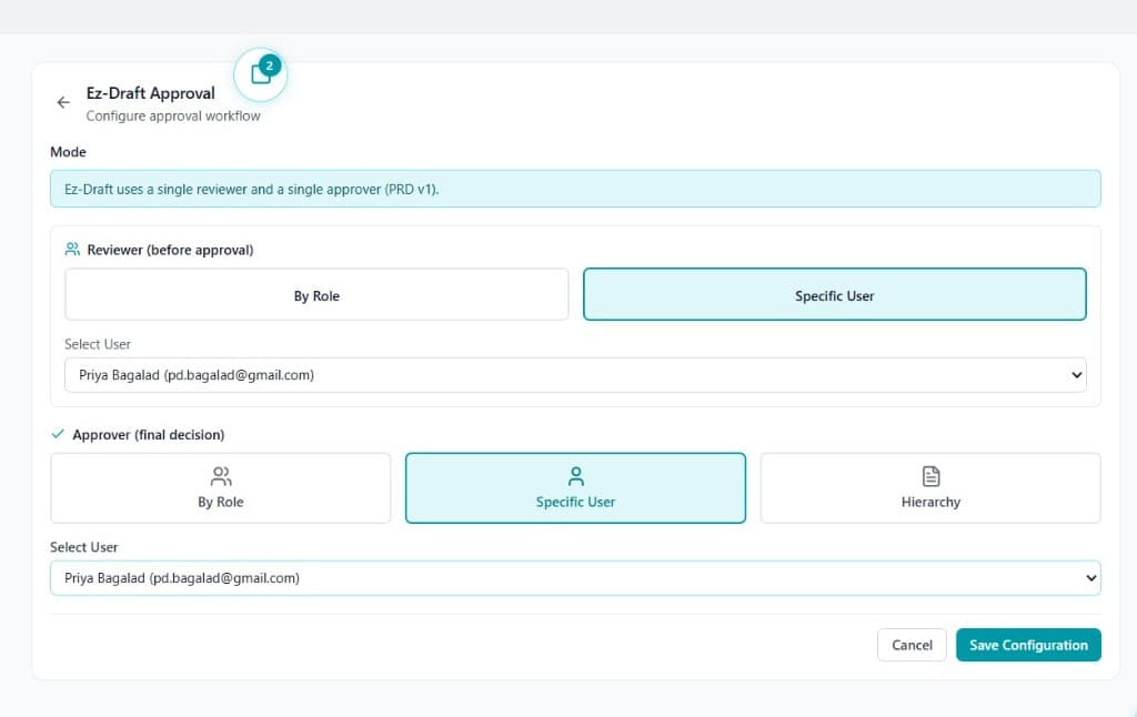 Ez-Draft Approval configuration page with Reviewer and Approver settings