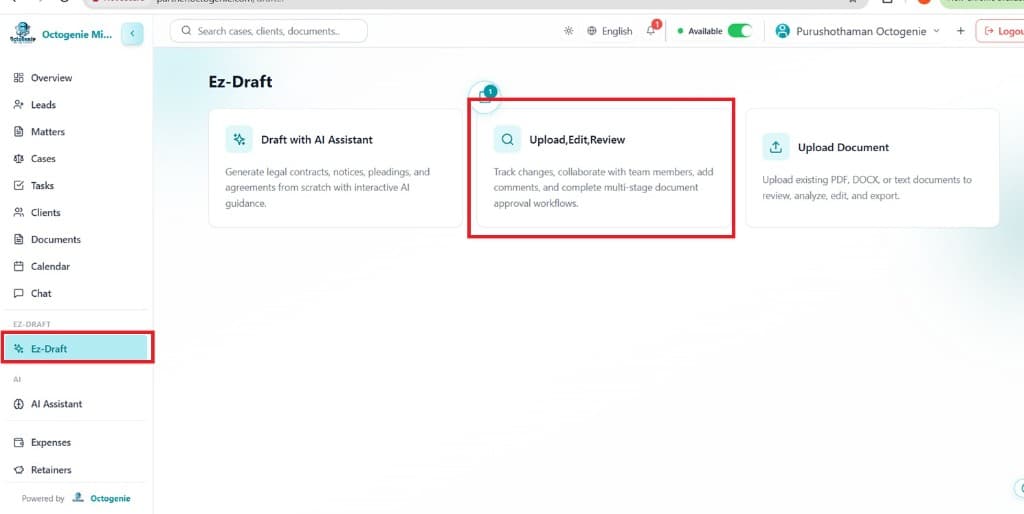 Ez-Draft module with Upload, Edit, Review option highlighted