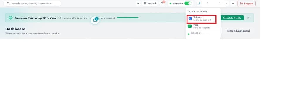 Profile quick actions menu with Settings option highlighted
