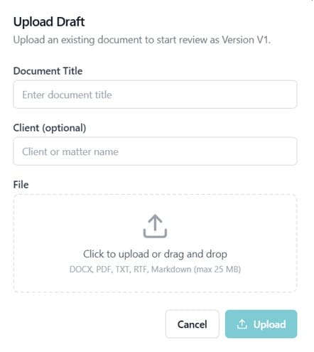 Upload Draft modal with document title, client, and file upload fields