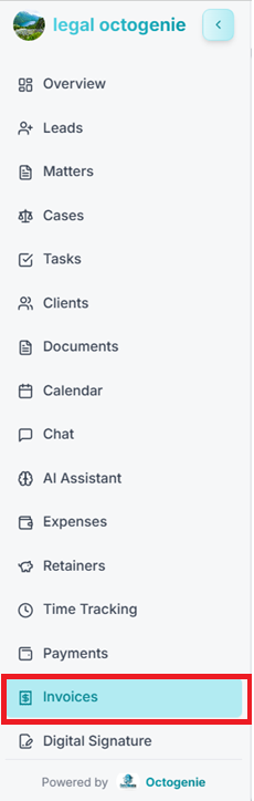 Invoices dashboard navigation