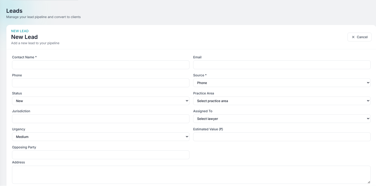 Lead entry form