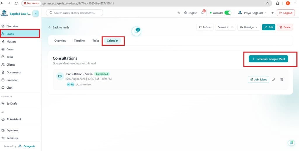 Lead module calendar tab with Schedule Google Meet button