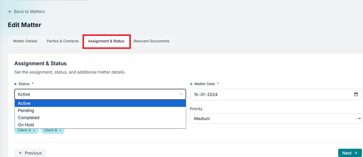 Assignment and status tab