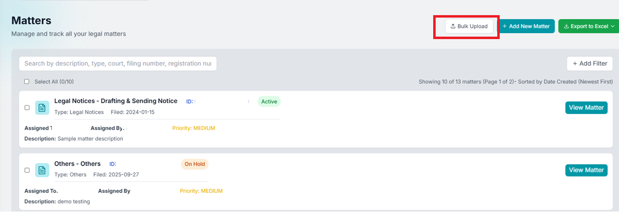 Bulk Upload button