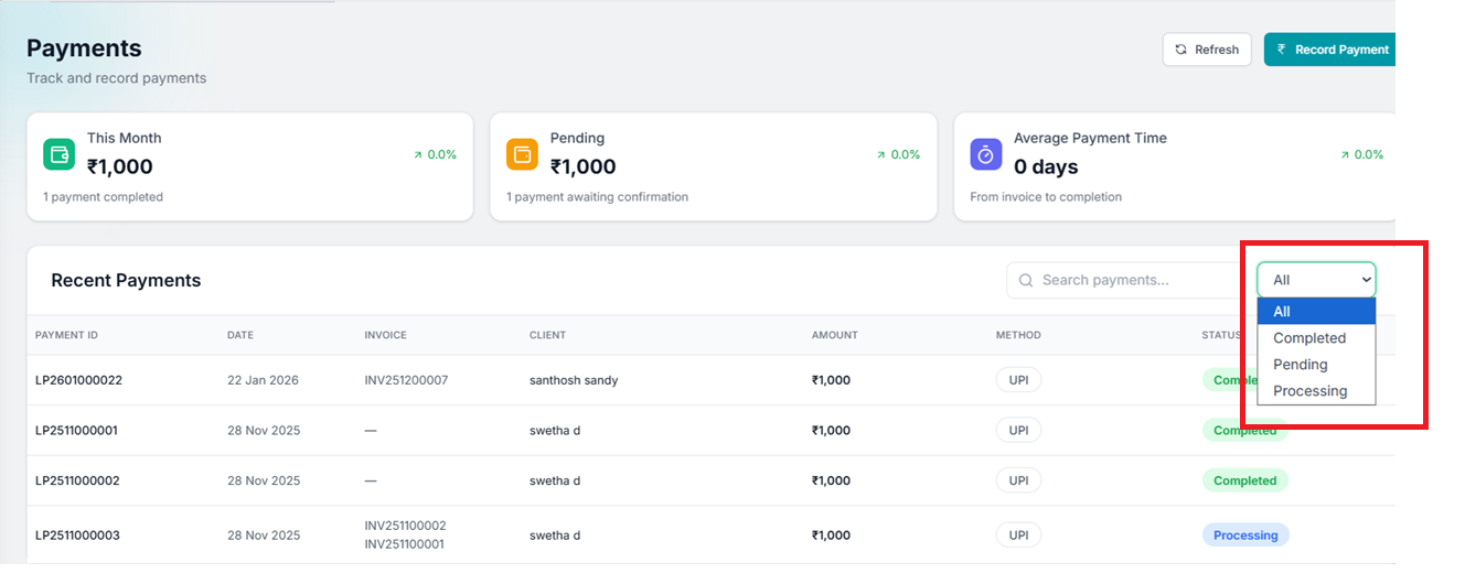 Status dropdown