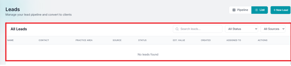 Leads list with filters