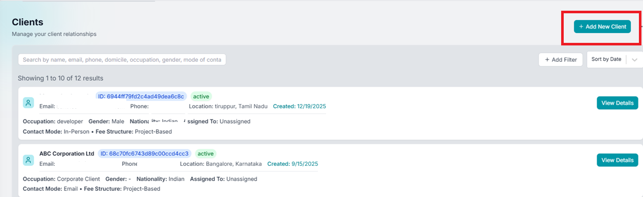 Add New Client button